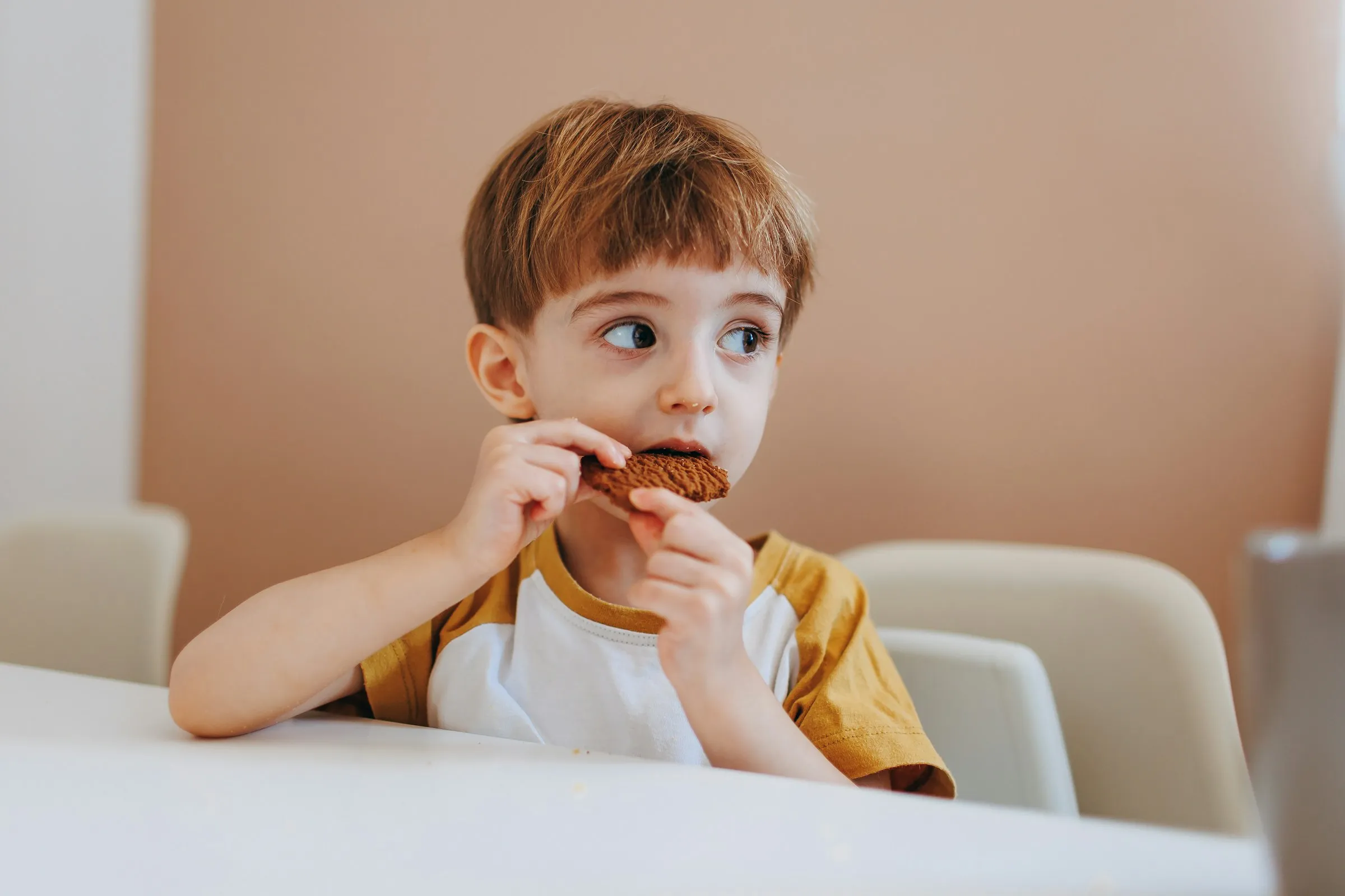 Un bambino assaggia un dolce al cioccolato