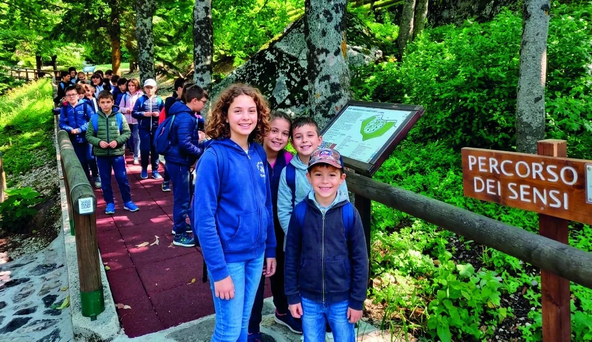 Una classe lungo la passerella in legno del Percorso dei Sensi nel bosco